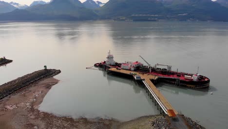 4K-Drone-Video-of-Commercial-Ship-in-Valdez,-Alaska-during-Sunny-Summer-Day