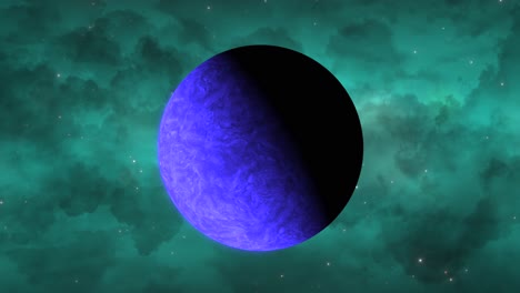 CGI-close-up-of-cloudy-bright-neptune-like-blue-alien-planet-slowly-rotating-in-front-view-with-a-light-green-nebula-cloud-in-the-background,-deep-space,-wide-view