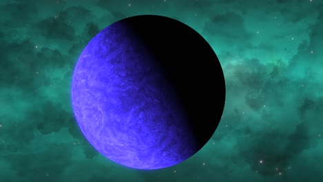 Cgi-Primer-Plano-Del-Planeta-Alienígena-Azul-Brillante-Nublado-Moviéndose-Lentamente-En-La-Vista-Frontal-Con-Una-Nube-De-Nebulosa-Verde-Claro-En-El-Fondo,-Espacio-Profundo,-Vista-Amplia