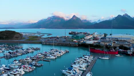 4K-Drone-Video-of-Boats-and-Ships-in-Valdez-Harbor-in-Valdez,-Alaska-during-Sunny-Summer-Day