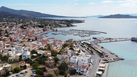 A-drone-view-of-yachts-in-the-main-marine-at-Aegina-Island,-Saronic-Islands,-Greece