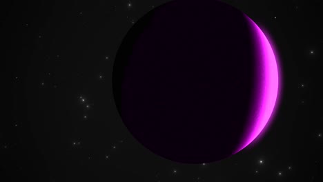 CGI-zoom-in-close-up-of-purple-alien-planet-spinning-in-deep-space,-universe-wide-view