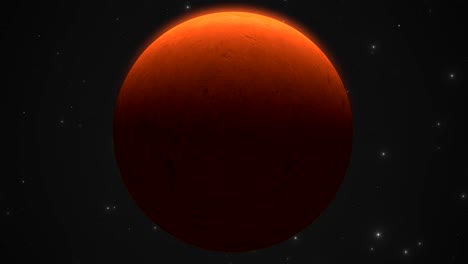 CGI-close-up-of-cloudy-bright-mars-like-orange-alien-planet-slowly-zooming-out-in-front-view-into-the-background-of-deep-space,-wide-view