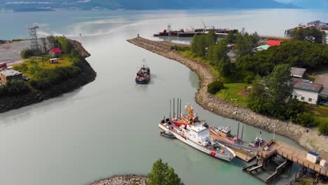 4K-Drone-Video-of-US-Coast-Guard-Boats-in-Valdez-Boat-Harbor-in-Valdez,-Alaska-during-Sunny-Summer-Day
