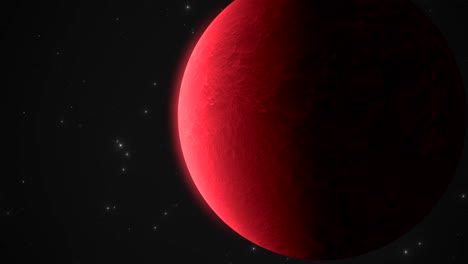 CGI-zoom-in-close-up-of-red-alien-planet-floating-in-deep-space,-universe-wide-view