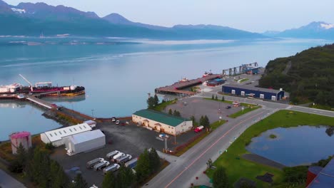 4K-Drone-Video-of-Cruise-Port-in-Valdez,-Alaska-during-Sunny-Summer-Day