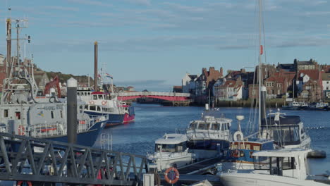 Whitby,-North-York-Moors,-Static-Shot,-early-morning-sunshine-North-Yorkshire-Heritage-Coast,-Yachts-and-Abbey-BMPCC-4K-Prores-422-Clip-4