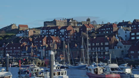 Whitby,-North-York-Moors,-Static-Shot,-early-morning-sunshine-North-Yorkshire-Heritage-Coast,-Yachts-and-Abbey-BMPCC-4K-Prores-422-Clip-2-Jan-2022