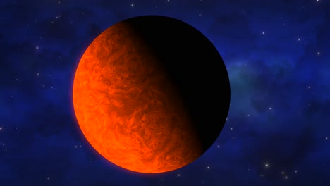 CGI-Nahaufnahme-Eines-Wolkigen-Orangefarbenen-Außerirdischen-Planeten,-Der-Sich-Vor-Der-Kamera-Bewegt,-Mit-Einer-Tiefblauen-Nebelwolke-Im-Hintergrund,-Weltraum,-Weite-Sicht