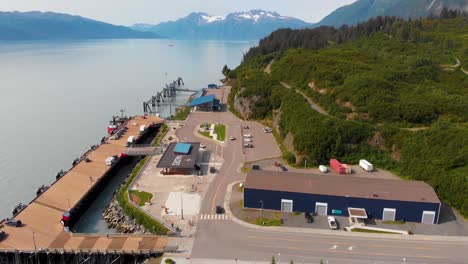 4K-Drone-Video-of-Cruise-Port-in-Valdez,-Alaska-during-Sunny-Summer-Day