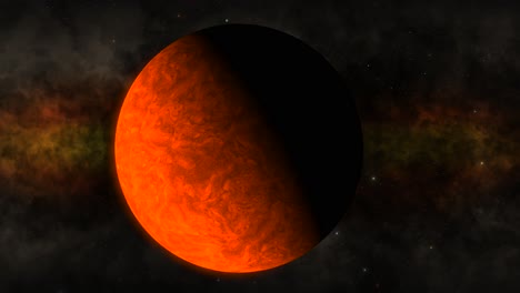 CGI-Nahaufnahme-Eines-Wolkigen-Orangefarbenen-Außerirdischen-Planeten,-Der-Sich-In-Richtung-Kamera-Bewegt,-Mit-Einer-Feurigen-Nebelwolke-Im-Hintergrund,-Weltraum,-Weite-Sicht