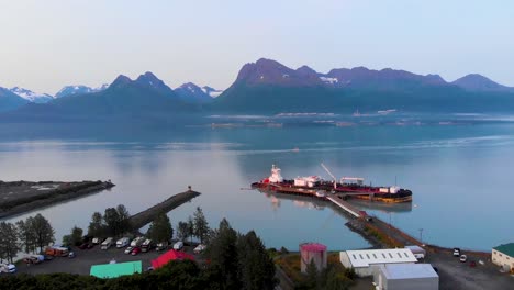 4K-Drone-Video-of-Commercial-Oil-Tanker-in-Valdez,-Alaska-during-Sunny-Summer-Day