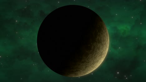 CGI-Nahaufnahme-Eines-Felsigen-Grünen-Außerirdischen-Planeten,-Der-Sich-Mit-Einer-Grünlichen-Nebelwolke-Im-Hintergrund-Dreht,-Weltraum,-Weite-Sicht