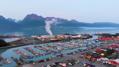 4K-Drone-Video-of-Valdez-Commercial-Boat-Harbor-in-Valdez,-Alaska-during-Sunny-Summer-Day
