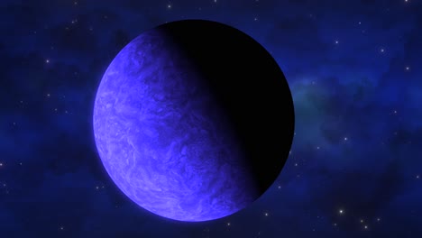 CGI-Nahaufnahme-Eines-Wolkigen-Blauen-Außerirdischen-Planeten,-Der-Sich-Langsam-In-Richtung-Kamera-Bewegt,-Mit-Einer-Tiefblauen-Nebelwolke-Im-Hintergrund,-Weltraum,-Weite-Sicht