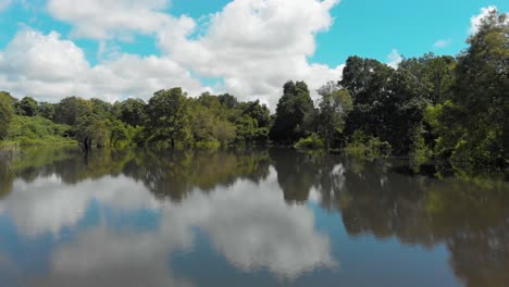 Antena:-Vista-Al-Lago-En-Sigiriya-Revelando-Un-Denso-Bosque-Y-Selva,-Sri-Lanka