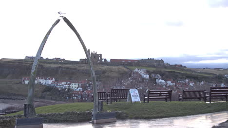 Whitby,-North-York-Moors,-Whalebone-arch-pan-Shot,-early-morning-sunshine-North-Yorkshire-Heritage-Coast,-Abbey-BMPCC-4K-Prores-422-Clip-16