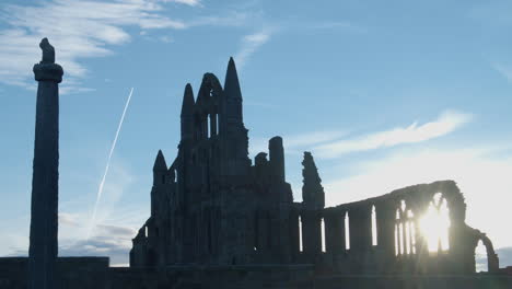 Whitby-Abbey,-North-York-Moors,-Static-Shot,-early-morning-sunshine-North-Yorkshire-Heritage-Coast-BMPCC-4K-Prores-422-Clip-5
