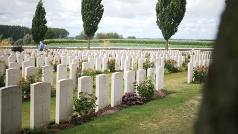 Lápidas-En-Un-Cementerio-Conmemorativo-De-La-Guerra-Entre-Un-Hermoso-Jardín-Verde-Con-Rosas-Rojas-En-Ypres-Beglium,-Tiro-De-Mano-Deslizante