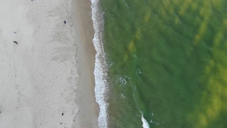 We-fly-over-where-a-lime-green-and-dark-blue-ocean-meets-its-end-at-the-shoreline-made-of-pale-sand-that-is-cut-into-shadow-in-the-afternoon-setting-sun-as-pedestrians-run-in-its-fading-light