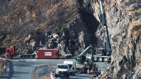Roadworks,-hight-works,-and-slope-reinforcement-on-the-narrow-mountain-road-on-Senja,-Norway