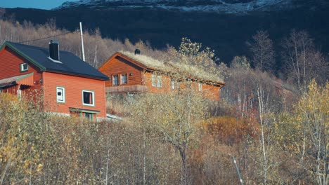 Auf-Dem-Bewaldeten-Hügel-Stehen-Mehrere-Kleine,-Farbenfrohe-Häuschen