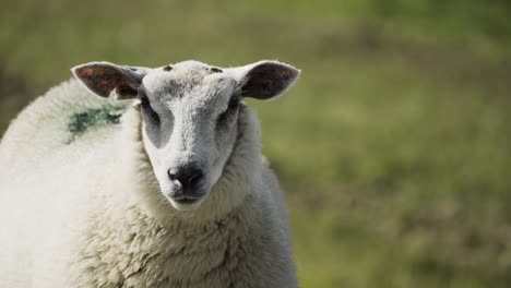 A-close-up-shot-of-the-white-wooly-sheep-in-the-lush-green-meadow