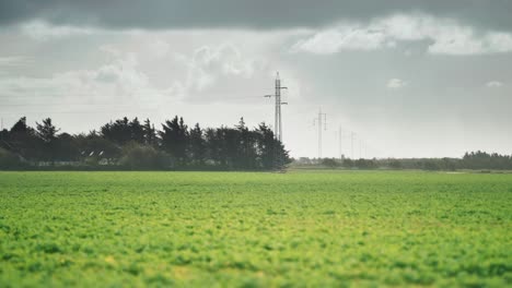 A-row-of-powerline-towers-in-the-green-rural-landscape