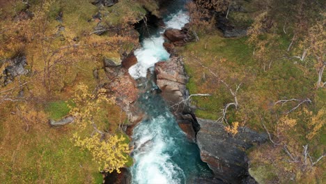 Aerial-view-of-the-wild-river-rushing-through-the-narrow-canyon