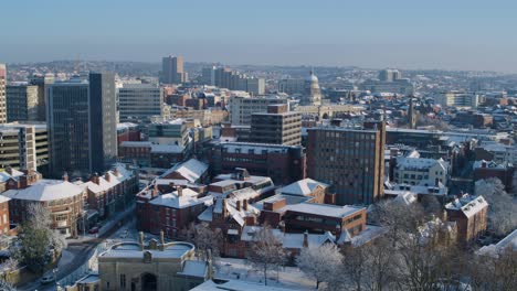 Aerial-establishing-shot-of-Nottingham-city-centre-in-winter