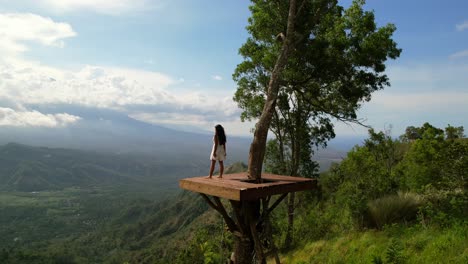 Junges-Mädchen,-Das-Auf-Einer-Holzplattform-In-Bali-Steht-Und-Tagsüber-Ein-Wunderschönes-Tal-überblickt,-Aus-Der-Luft
