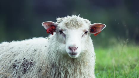 A-portrait-shot-of-the-white-woolly-sheep-on-the-lush-green-meadow