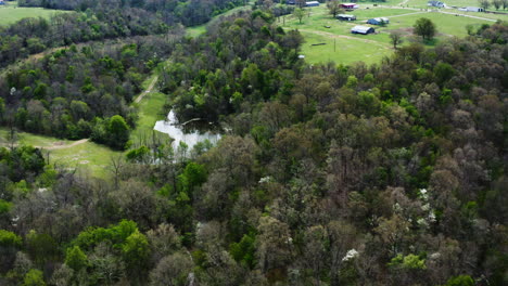 Aerial-View-Of-A-Small-Lake-Canopied-With-Dense-Trees-In-Countryside