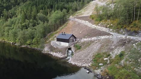 Aerial-approaching-Markani-small-hydroelectric-powerplant-close-to-Bolstadfjord-in-Vaksdal-Norway---10GWH-yearly-production-and-owned-by-Aventron-Norway-and-operated-by-Captiva-Asset-Management