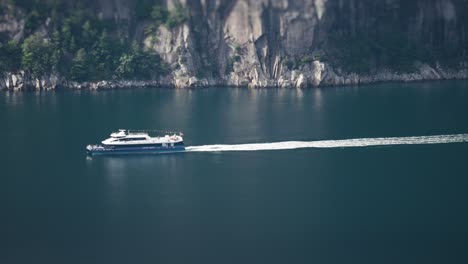 The-passenger-ferry-crossing-Lysefjord.-Slow-motion,-pan-follow