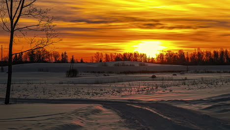 Time-Lapse-of-snowy-landscape-during-sunrise,-trees-silhouette-in-the-distance-with-golden-lights