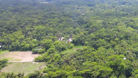 Aerial-high-view-remote-village-deep-in-dense-rainforest,-Amazonia
