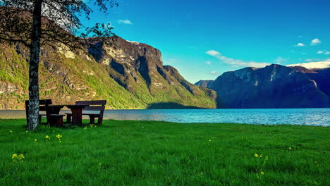Timelapse:-Beauty-of-Norway-with-mountain-range,-lake-water,-green-grass,-blue-sky-and-bench-under-tree-for-relaxation