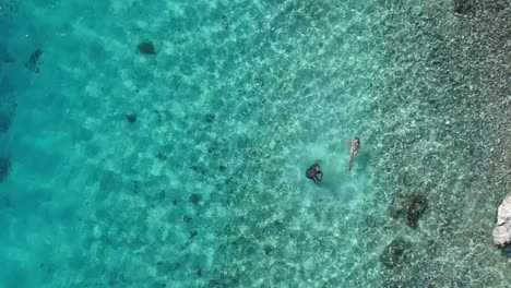 Drohne,-Die-über-Menschen-Fliegt,-Die-In-Klarem-Wasser-Schwimmen