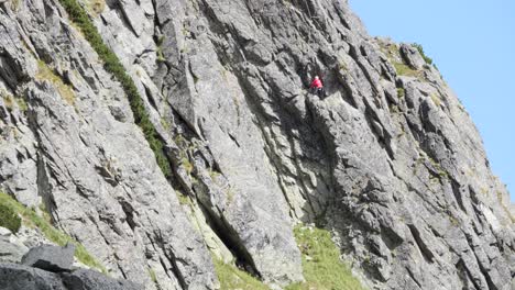 Lonely-Mountain-Climber-Slowly-Climbs-Steep-Wall-With-Helmet-and-Ropes,-Boulder-Telephoto