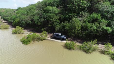 car-driving-off-road-near-creek-river-drone-view-trees-and-cacti