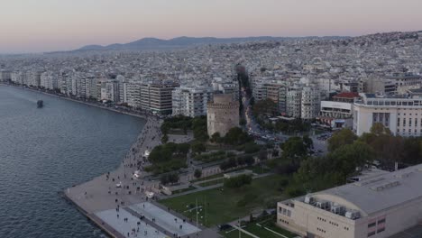 Aerial---White-Tower-of-Thessalonki-at-dawn