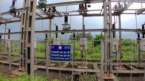 High-voltage-power-station-for-Railways-electricity-high-|-voltage-substation-with-tall-pylons-and-voltage-distribution-cables-of-Railways