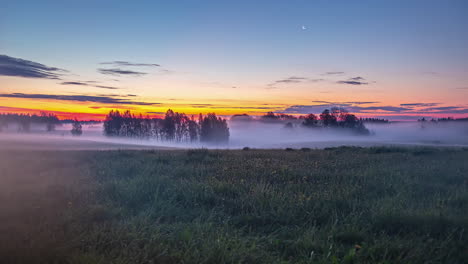 Wide-timelapse-of-mist-moving-by-grass-field-and-trees-at-twilight
