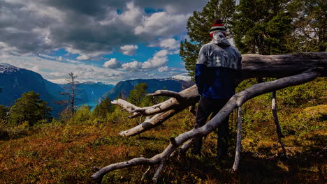 Timelaspe:-Adventure-traveler-enjoying-scenic-mountain-view-standing-near-a-fallen-tree-trunk-in-Norway