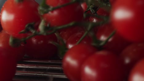 Organische-Frisch-Gewaschene-Rote-Tomaten,-Die-In-Nahaufnahme-Auf-Den-Trockner-Fallen