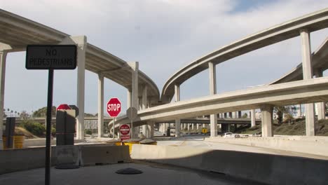 Judge-Harry-Pregerson-interchange-in-Los-Angeles,-huge-towering-freeway-interchange-view-from-below