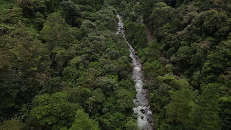 Aerial-view-of-the-jungle-following-up-the-river-in-the-mountains-of-Boquete,-Panama