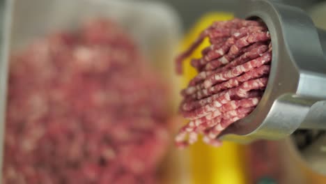 Mincing-meat-on-grinding-machine,-close-up