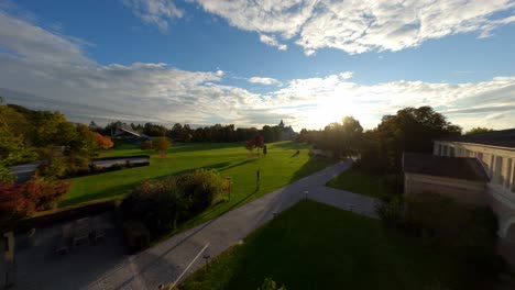 Peaceful-aerial-shot-of-Grafenegg-palace-garden-at-dawn